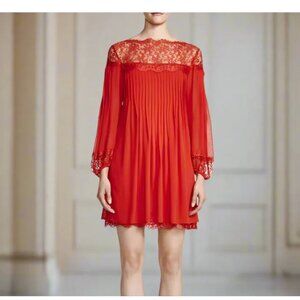 The Kooples Red Lace Chiffon Shift Dress Medium Red Long Sleeve Pleated Mini